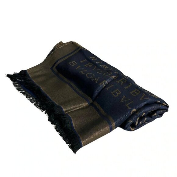 BVLGARI - Dark Navy Khaki Silk Rayon Wool Viscose Scarf